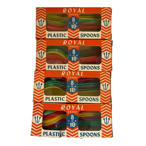 Vintage Retro Royal Brand Plastic Spoons 1950's 4 Box of 8 Multi Color Full Size - Picture 1 of 7
